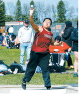 Christine Joyner threw 32 feet, 2 inches in the shot put to place seventh at the regional meet for the Langdon Area/Munich Cardinals. Photo by Larry Stokke