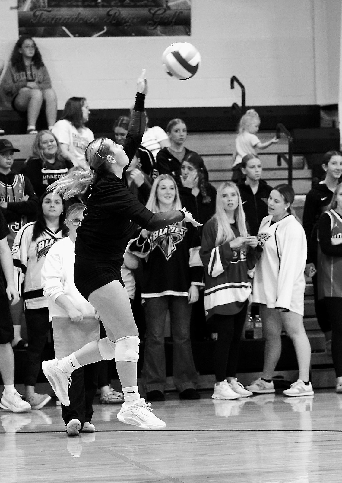Raeleigh Ratzlaff with a jump serve as the Cardinal fans faithfully cheer them on. Photo by Larry Stokke.