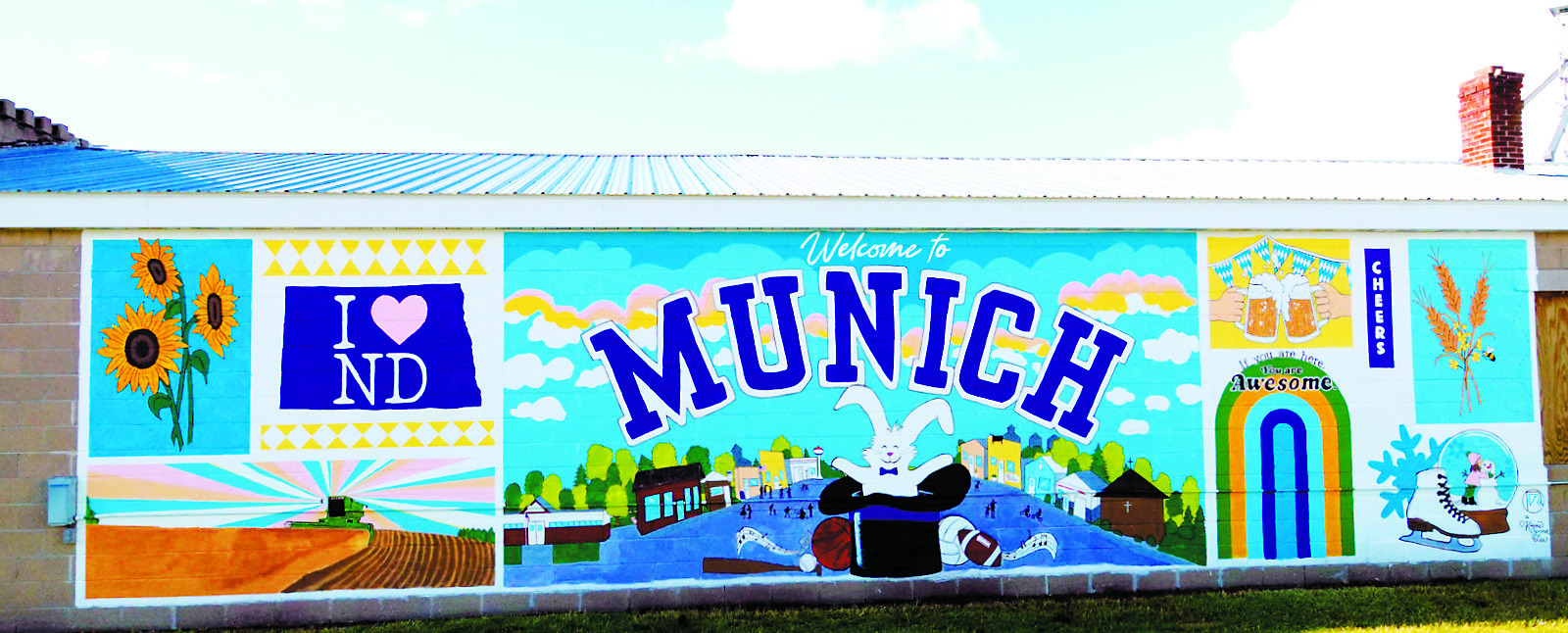 Munich's new downtown mural celebrates the community's history, heritage and agricultural roots through colorful images representing agriculture, local traditions, recreation and small-town life. Photo by Larry Stokke