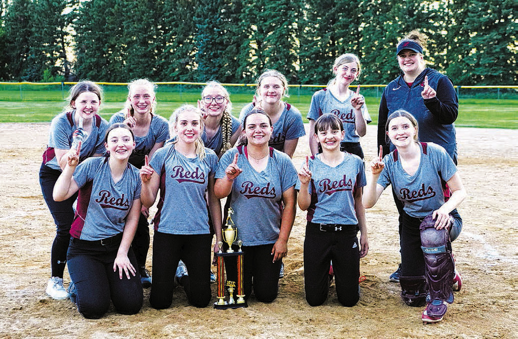 Langdon 18U Softball Team: Back row (L-R) Kaydence Wirth, Maci Witzel, Graci Witzel, Isabella Vikan, Nora Vaan Heerden, Coach Taylor Benneweis; front row Nadia Lewis, Jada Moen, Kenadee Cluchie, Lily Zimmer, Bridget Pankratz. Photo by Larry Stokke.