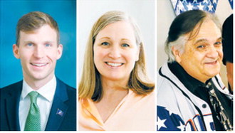 From the left: Superintendent of the Department of Public Instruction Levi Bachmeier (Photo courtesy of Office of the Governor), Tracy Layne Foss (Photo courtesy of Foss campaign) and Charles Tuttle (Photo by Jacob Orledge/North Dakota Monitor).