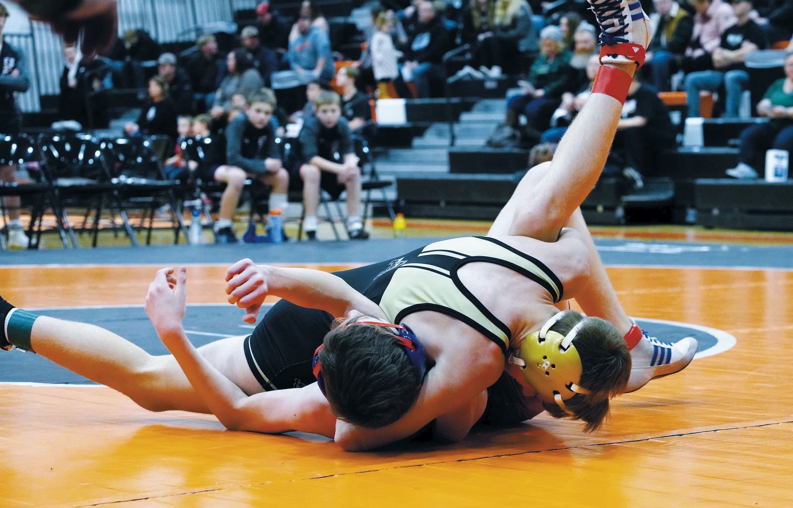 Oakley Brown wins with a pin over his opponent in Larimore Dec. 5. Photo by Larry Stokke.