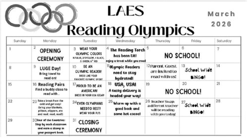 LAES Reading Month calendar of fun. Submitted photo