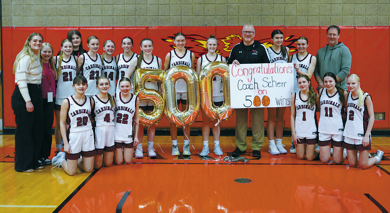 The Lady Cardinals Coach Rob Scherr won his the 500th victory of his coaching career with Tuesday's win over the M-P-C-G Patriots. Photo by Larry Stokke.