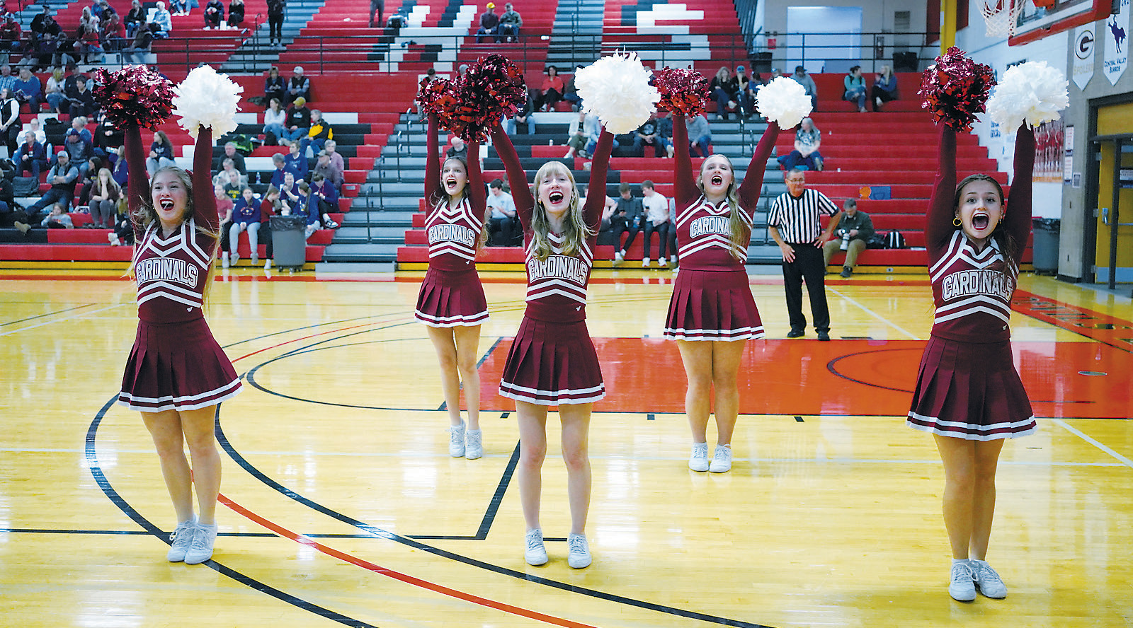 The Cheer Team did an awesome job of keeping the Cardinal's faithful fans fired up. Photo by Larry Stokke.