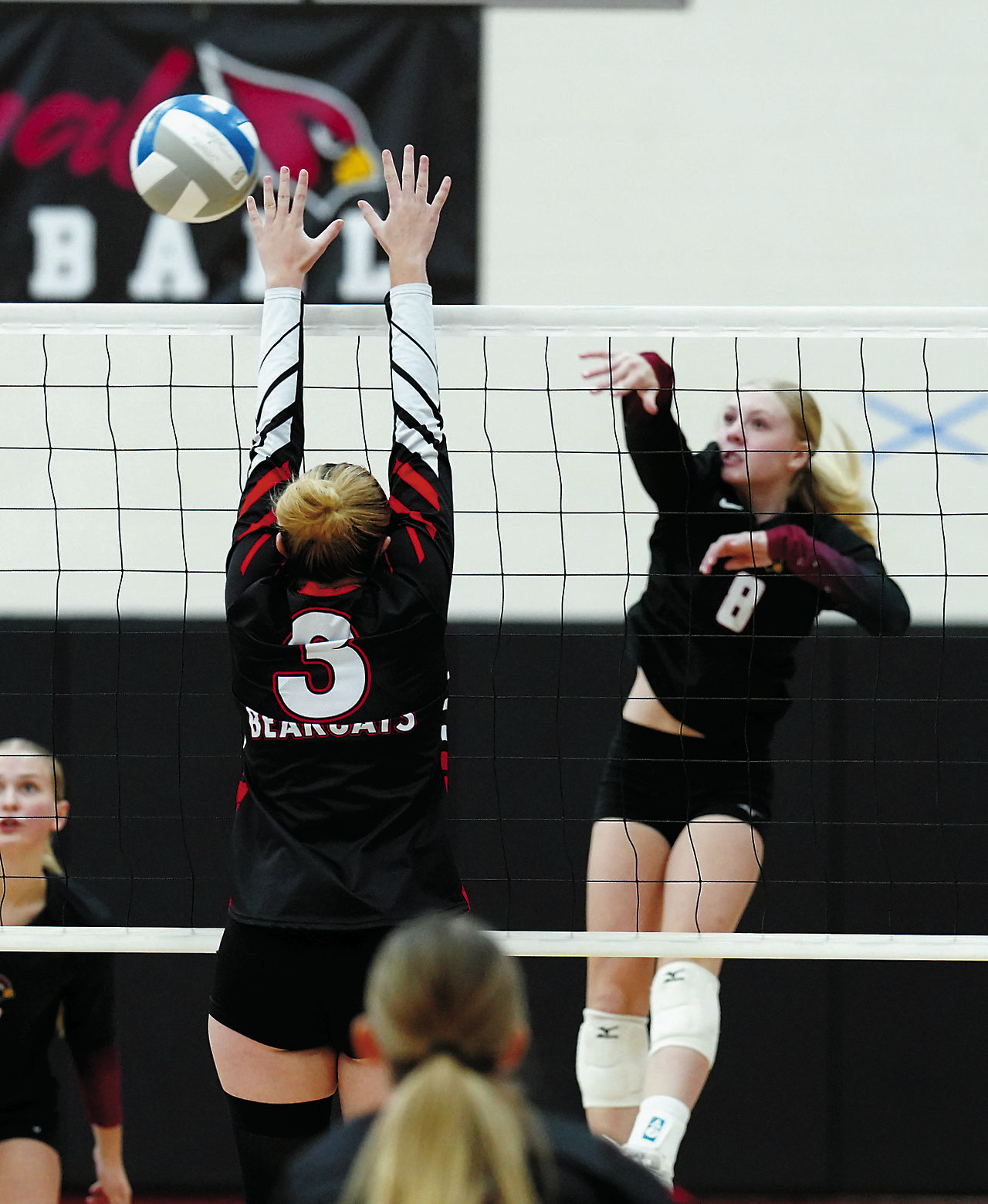 Hilary Haaven with one of her 23 kills. She also tallied 27 digs in the Cards' win over North Star on Senior Night. Photo by Larry Stokke.
