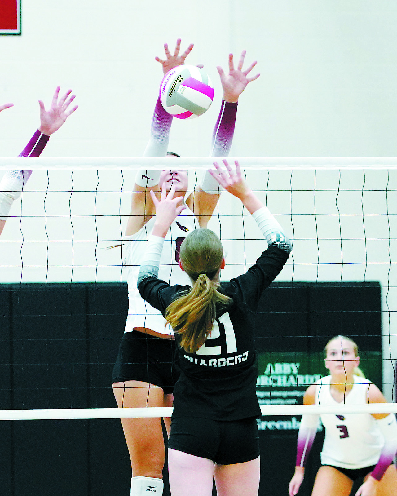 FM State Bank's Player of the Game Taya Feist had 12 kills, eight blocks, and eight digs against Nelson County. Photo by Larry Stokke.