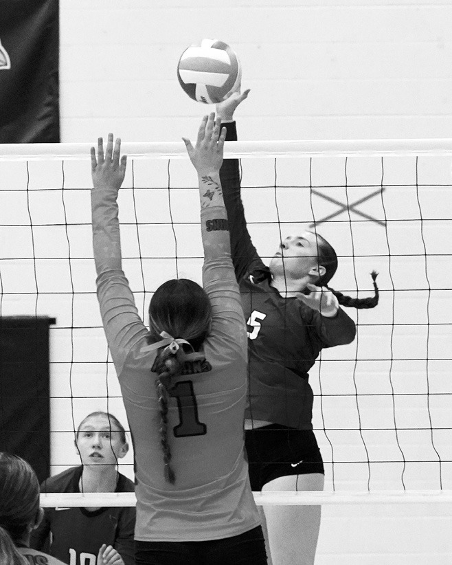 Meredith Romfo had a 6 kills, 6 aces, and 5 digs in the win over the Four Winds Minnewaukin Indians. Photo by Larry Stokke.