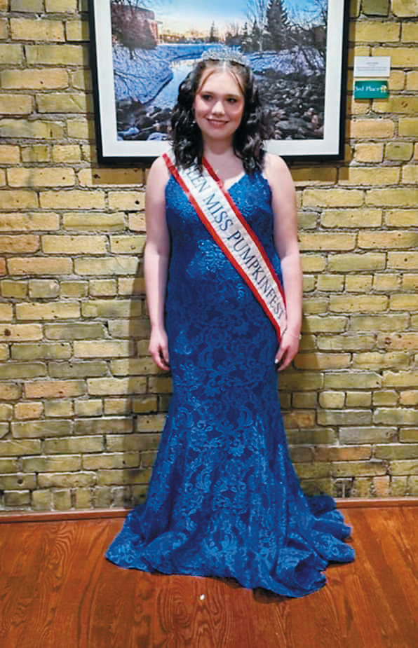 Zoey Skjerva in her evening gown. Skjerva was Teen Miss Pumpkinfest and resides in Cando. Photo by Rebecca Davis.