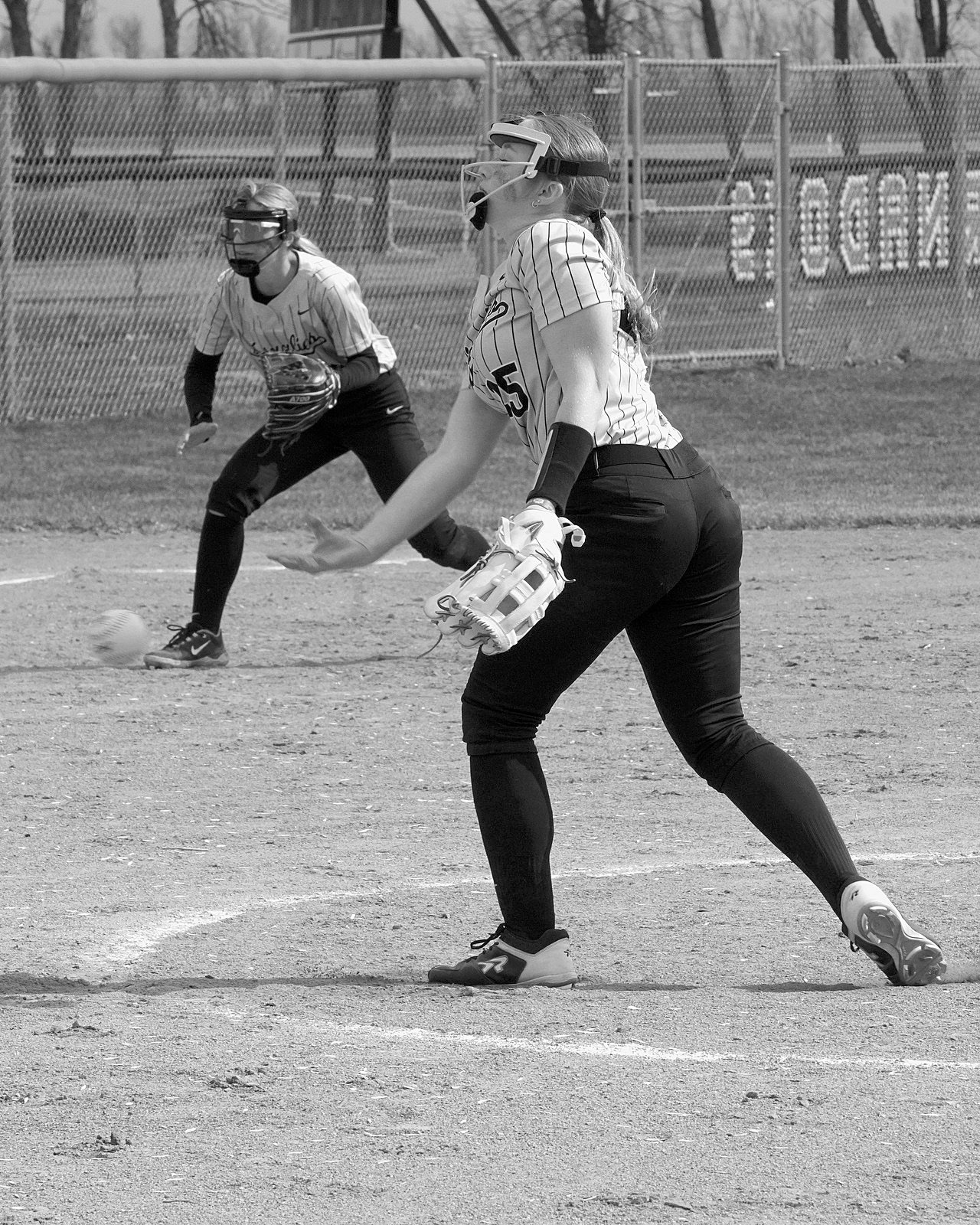 Sara Jensen winds up and delivers a strike in the game in Cavalier on April 22 against the Cards. Photo by Larry Stokke.