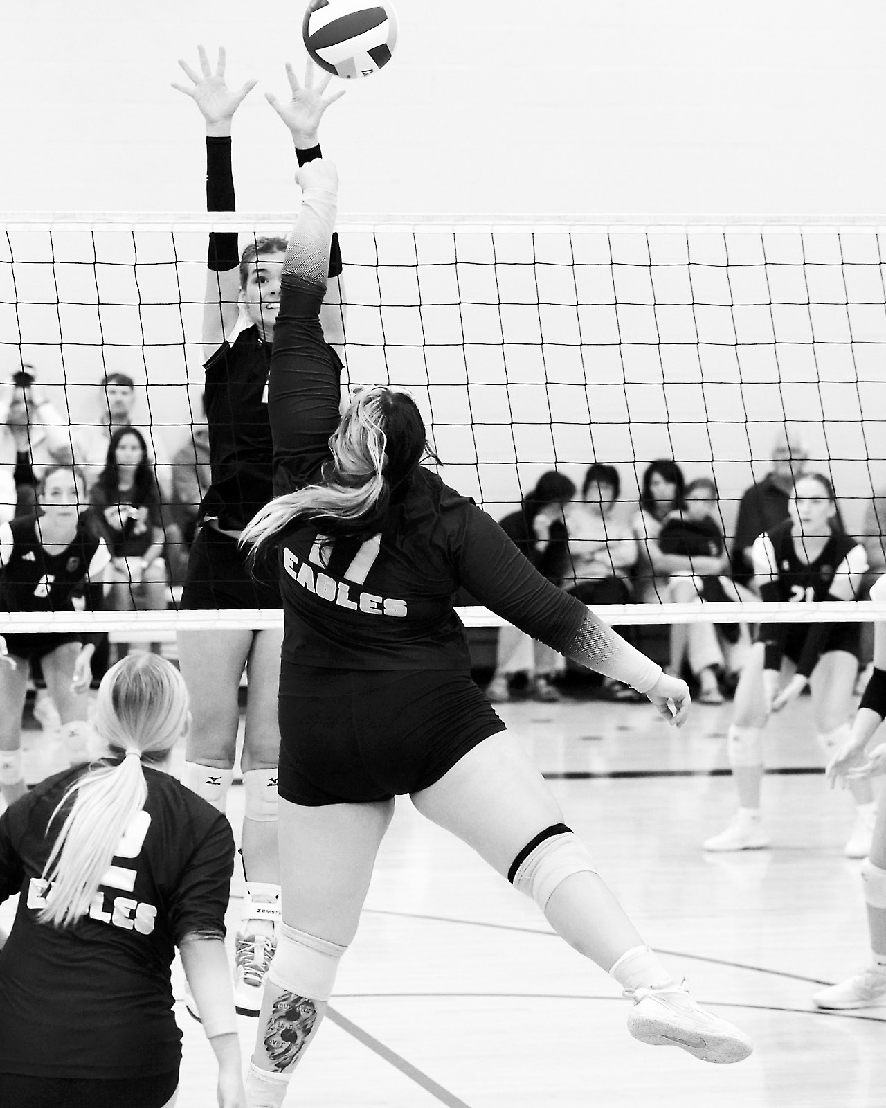 Jaelyn Forrey sends the ball over Elizabeth Fedje for a point. Photo by Larry Stokke.