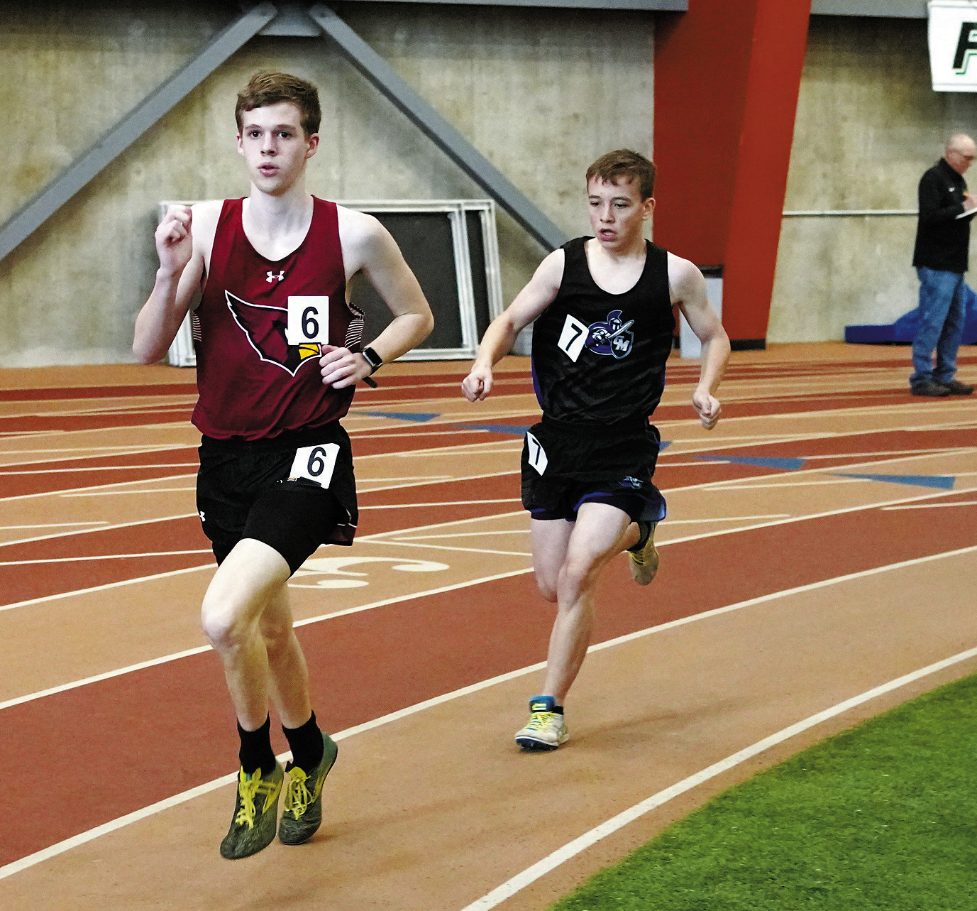 Noah Foster took 1st in the 3000 meter run at the PCN Invitational Meet in Grand Forks. Photo by Larry Stokke.