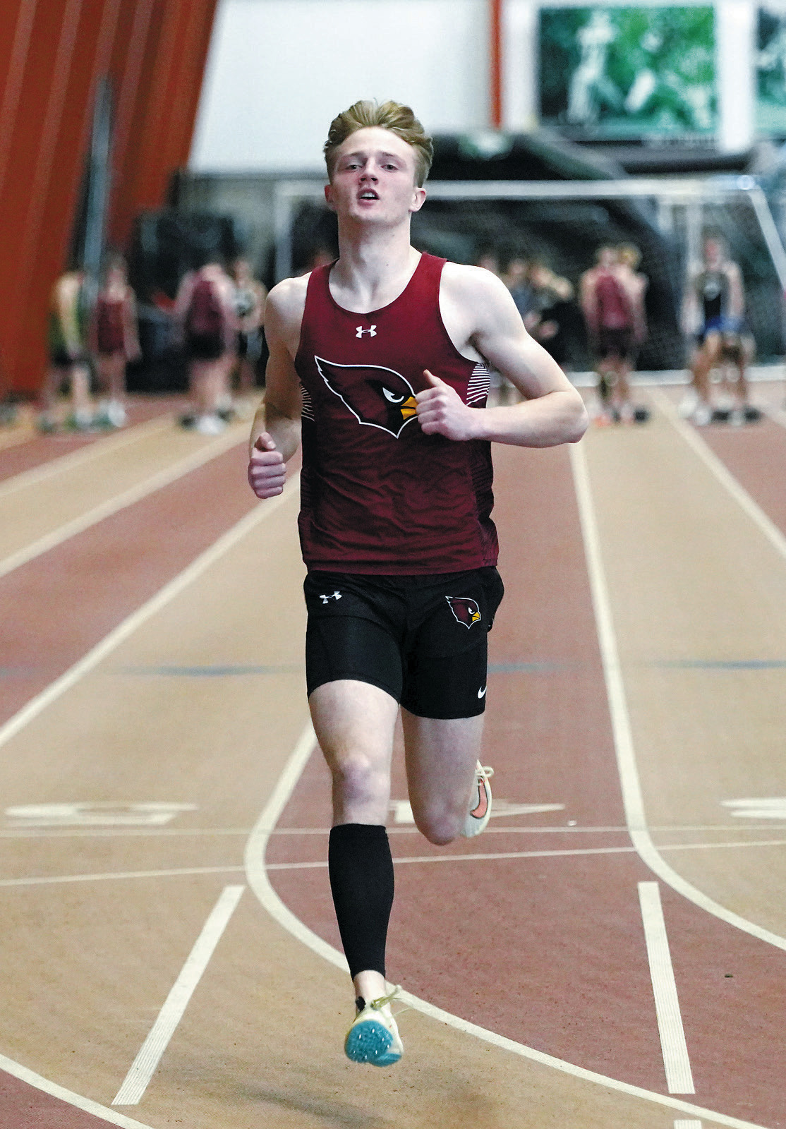 Cody Amble was Performer of the Meet at the PCN Invitational. In this shot he took 2nd place in the 60 meter race with a personal best time of 7.34 seconds. Photo by Larry Stokke.