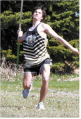 Boone Carrier throws the javelin during the meet in Larimore on May 9. Carrier placed 11th out of 24 competitors with a throw of 93 feet, 4 inches. Photo by Larry Stokke.