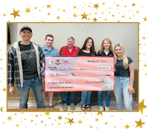 The Langdon Eagles Club has donated $10,000 to the Langdon Area High School students who will be traveling abroad in Europe this summer to study and perform music. Photographed from left to right are Adam Hart, Lane Lindseth and Dean Erickson representing the Eagles Club, Shawna Gette, Claire Chaput, and Caitlyn Goodman.