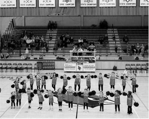 The Cardinal Pom Squad kept the crowd entertained at half time of a recent game. This squad is for grades one to five. Photo by Larry Stokke