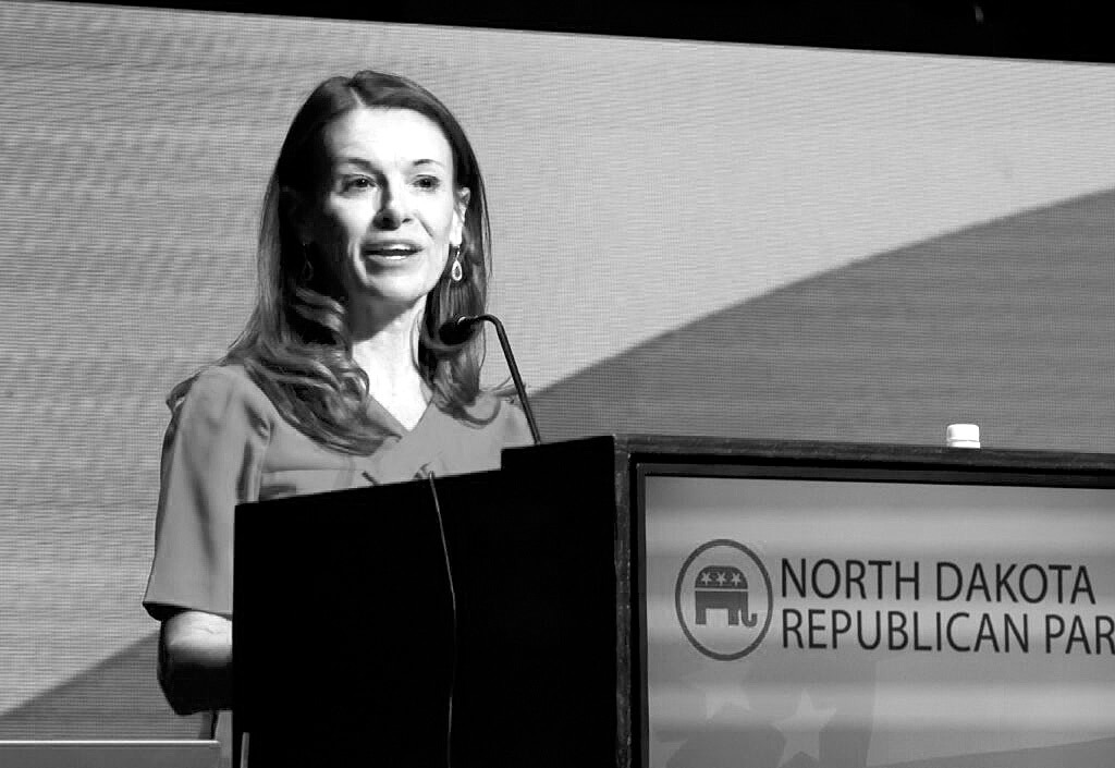 Kirsten Baesler speaks to delegates during the 2024 NDGOP Convention at the Sanford Athletic Complex in Fargo on April 5, 2024. Baesler is running for reelection as the state’s superintendent. (Michael Achterling/North Dakota Monitor)