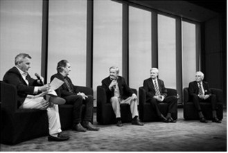From the left, Gov. Kelly Armstrong, U.S. Interior Secretary Doug Burgum, former Gov. Jack Dalrymple, U.S. Sen. John Hoeven and former Gov. Ed Schafer speak during a panel discussion featuring five North Dakota governors at the Theodore Roosevelt Presidential Library on July 3, 2026, in Medora. (Photo by Bryan Bedder/Getty Images for Theodore Roosevelt Presidential Library)