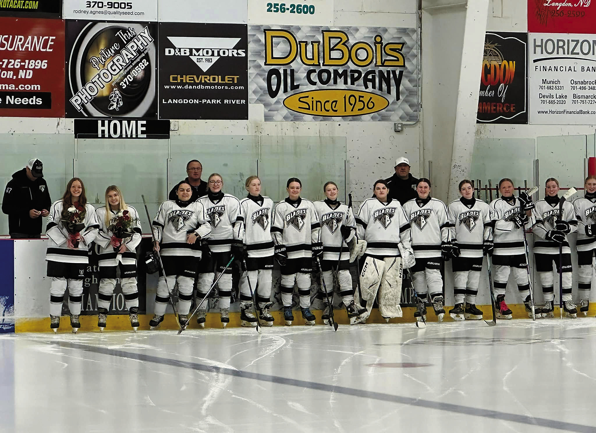 The 19U girls get ready to hit the ice on Senior Night versus Crosby, Jan. 10. Photo by Courtney Krom.
