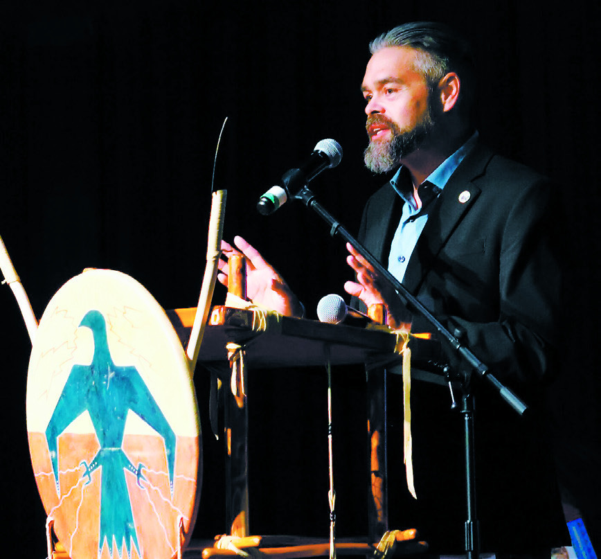 Jamie Azure, chair of the Turtle Mountain Band of Chippewa, speaks during the Tribal Leaders Summit in Bismarck on Sept. 4, 2024. Turtle Mountain, Spirit Lake Nation and three tribal citizens are challenging a ruling in a voting rights case. (Michael Achterling/North Dakota Monitor)