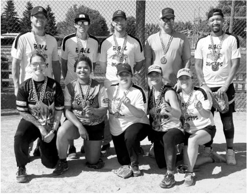 The winning team of the co-ed softball tournament included (back, from left) Justin Flink, Alex Howatt, Zack Schaefer, Chad Pankratz and Jamal Williams; and (front, from left) Jayme Duciaume, Simone Motley, Taylor Benneweis, Barbara Crockett and Brynn Williams. Photo by Larry Stokke