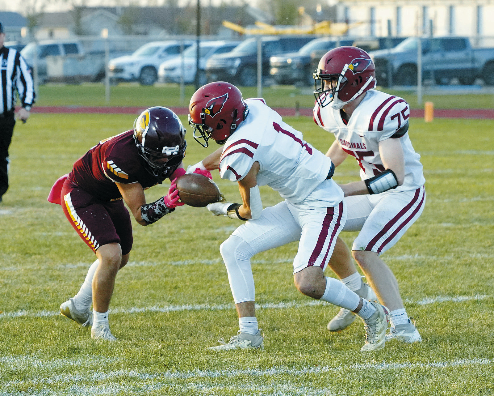 Jayden Lee intercepts the ball during the second play of the game against Grafton. Photo by Larry Stokke.