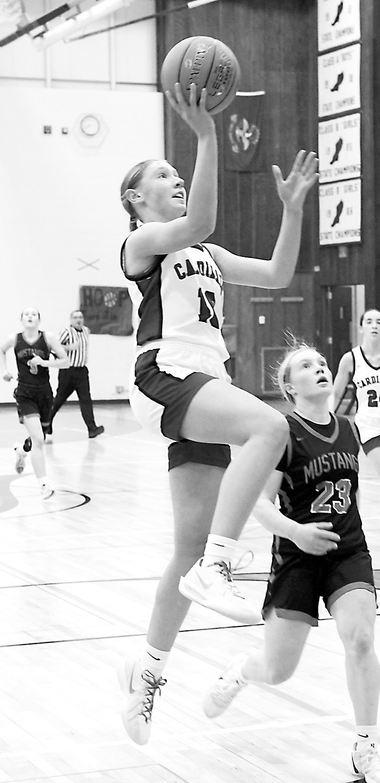 Aubrey Badding, who was Player of the Game against Midway-Minto, finished the game with 9 points and just missed finishing the game with a triple double in the Lady Cards' win at home on Jan. 14. Photo by Larry Stokke.