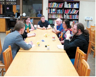 North Dakota State Superintendent Levi Bachmeier meets with students, teachers, staff, and media during a visit to a Langdon Area High School on May 7. Photo by Larry Stoke