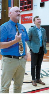Langdon Area School Superintendent Daren Christianson, foreground, speaks as North Dakota State Superintendent Levi Bachmeier visits Langdon Area School. Photo by Larry Stoke