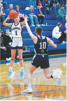 Aryanna Schaefer drained a long 2-point basket in the game with the Cougars. Photo by Larry Stokke