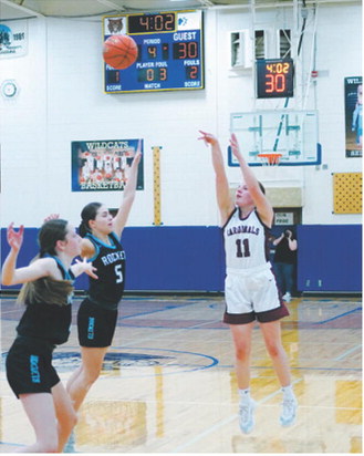 Erika Bakke, Player of the Game against New Rockford/Sheyenne, nails one of her three 3-point baskets and finished the game with 15 points. Photo by Larry Stokke