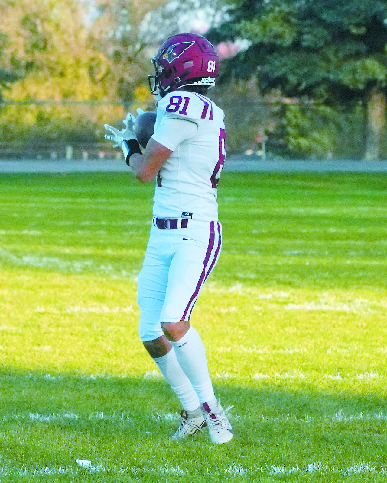 Tanner McDonald with a great catch and run for a first down in the Cards' win over the previously undefeated Park River Aggies. Photo by Larry Stokke.