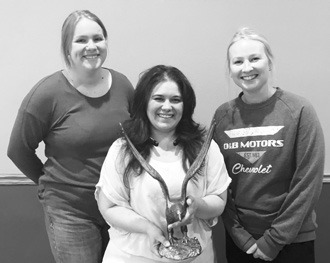 On Wednesday, May 9, three new members were inducted into the Ladies Eagles Auxiliary#3454 in Langdon. Photographed from left to right: Alyssa McKnight, Jessica Tull, and Reann Arens.