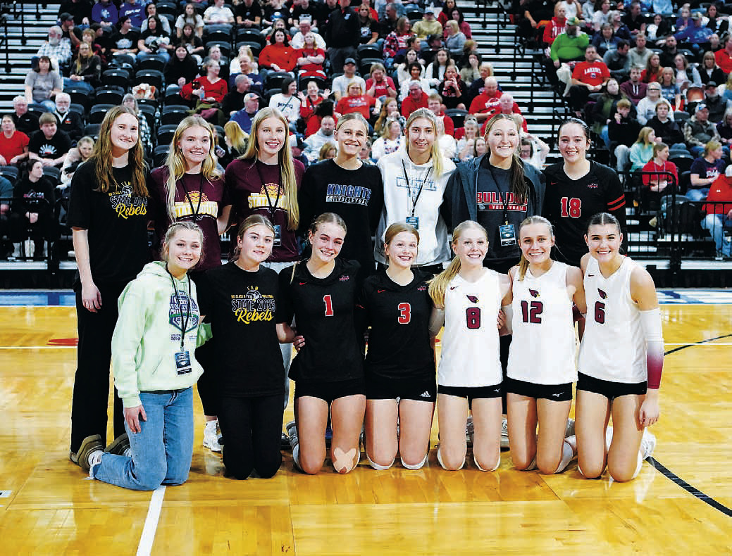 The All-Tournament players from the State Championship game. Langdon-Munich players include Hilary Haaven, Kemi Morstad, and Taya Feist. Photo by Larry Stokke.