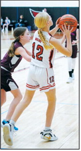 Sawyer Moline for the Cards drops in a basket at the Sports Boosters Tournament. Photo by Larry Stokke