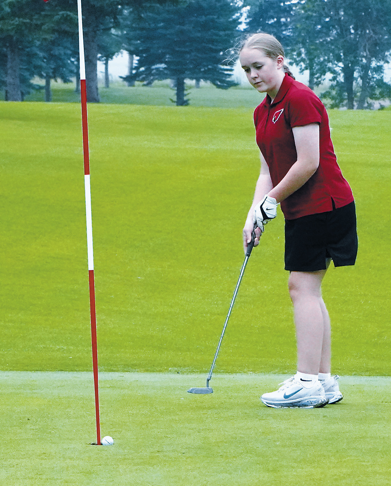 Finley Crockett drops her putt in the cup on Aug. 11 at the meet in Langdon. Photo by Larry Stokke.