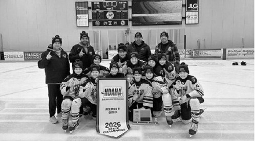Pictured is the Langdon Baldes Pee Wee hockey team, who won the State B Gold State Championship in Mandan, held March 6-8. Coaches are Nic Fetsch, Jason Spanier, Jeff Mostad, Daren Bachman. Players pictured left to right: Marah Romfo, Cooper Fetsch, Averie Plummer, Graham Mosher, Spencer Berg, Hudson Hoffman, Reid Spanier, Merek Mostad, Terner Askvig, Jase Pengilly, Mason Bachman. Submitted photo