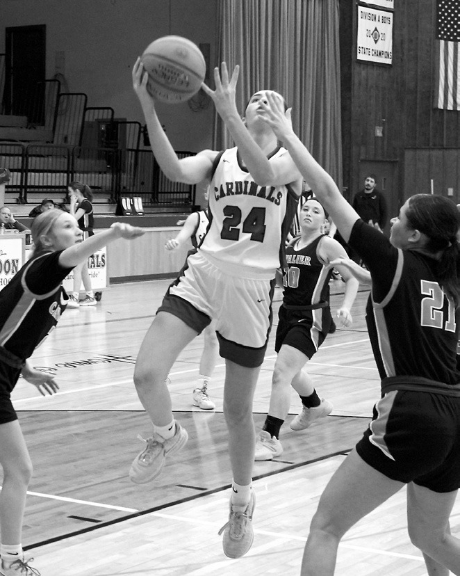 Avery Lorenz had a great night, scoring a game high of 15 points against Cavalier in Langdon on Feb. 3. Photo by Larry Stokke.