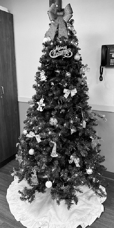 The Christmas tree in the activity room at Pembilier Nursing Center.