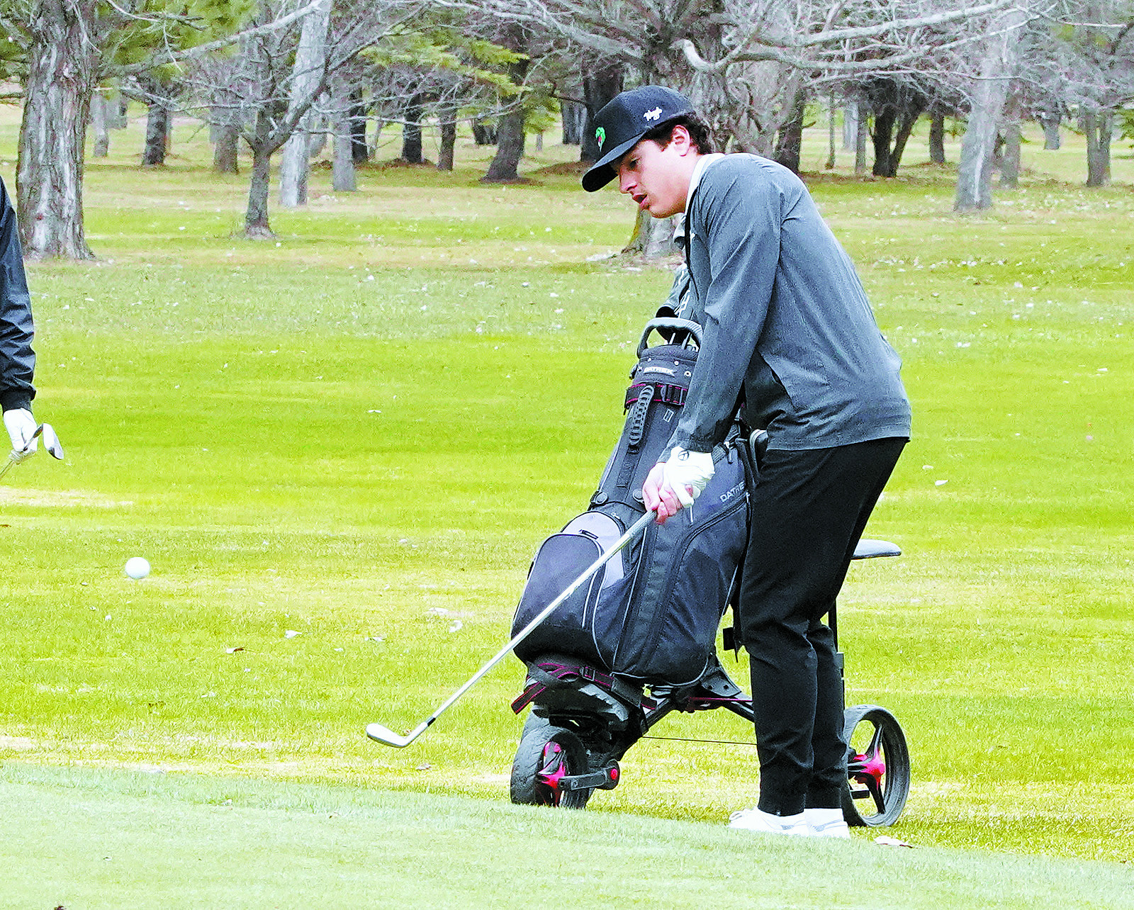 Grant Cosley chips the ball up near the hole at the Nelson County Meet. Photo by Larry Stokke.