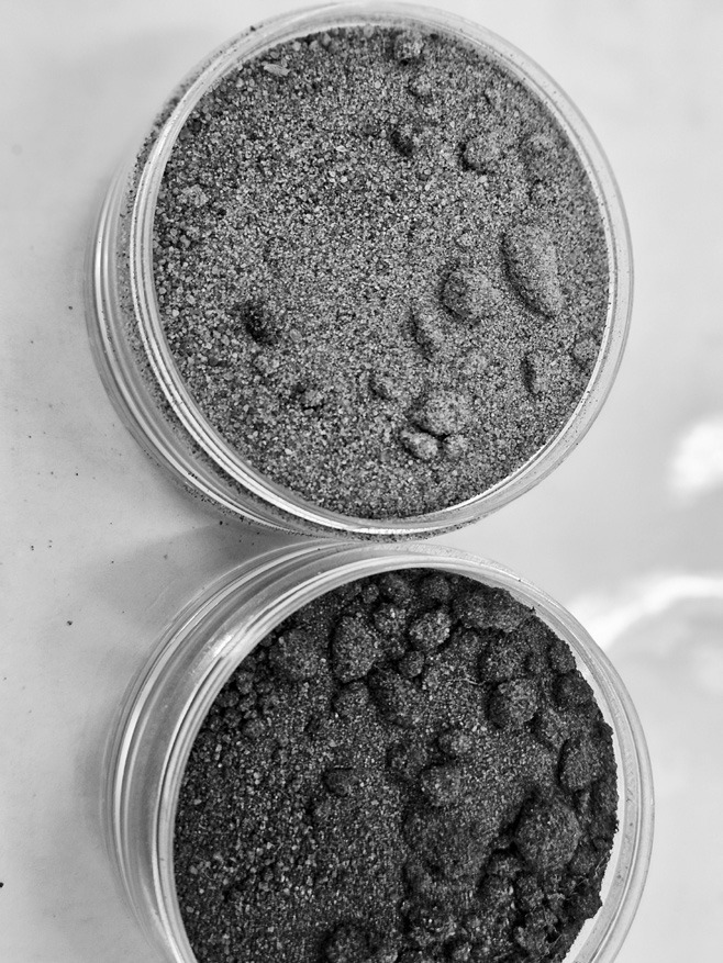 The above soil sample has less soil organic matter than the bottom soil sample due to management. (NDSU photo)