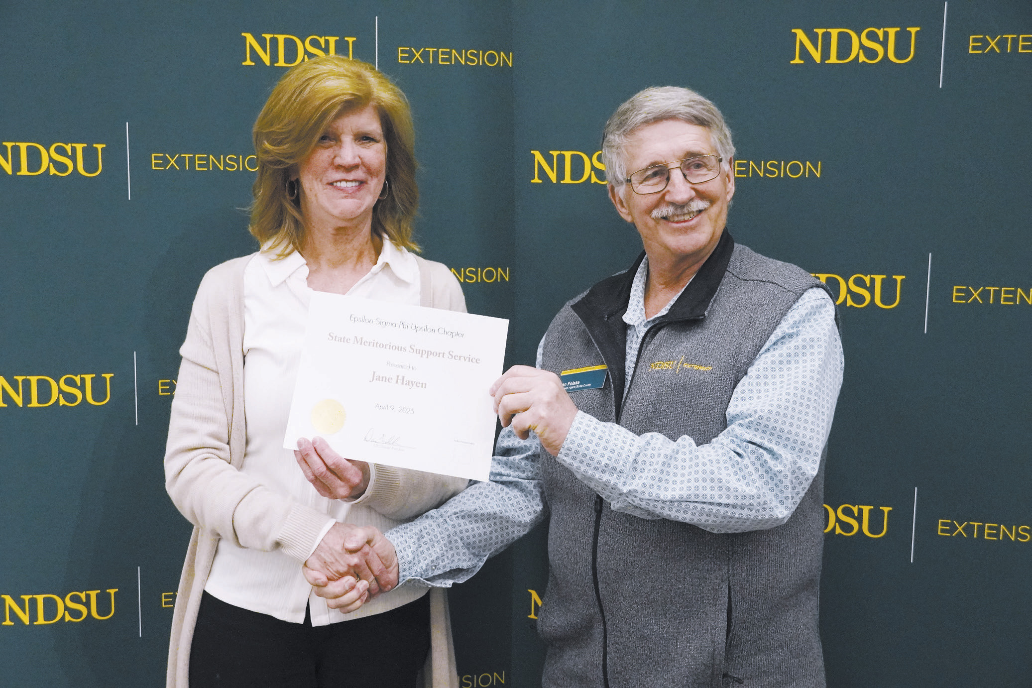 Jane Hayen of Cavalier County was honored with the Epsilon Sigma Phi State Meritorious Support Staff Award at the 2025 Extension Spring Conference. NDSU Photo.