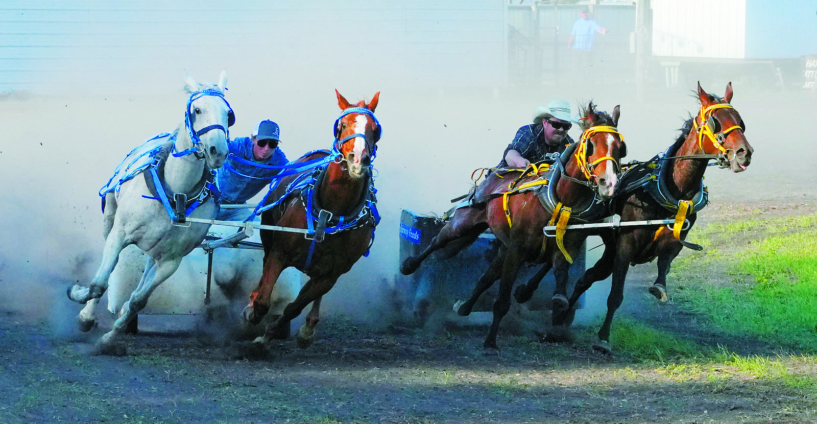 Josh Zaharia (left) races against Mike Henke (right) during the Chariot Races at the Hamilton Fair. Photo by Larry Stokke.
