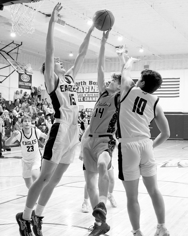 Garret Willits gets his hand on the ball for a blocked shot. Photo by Larry Stokke.