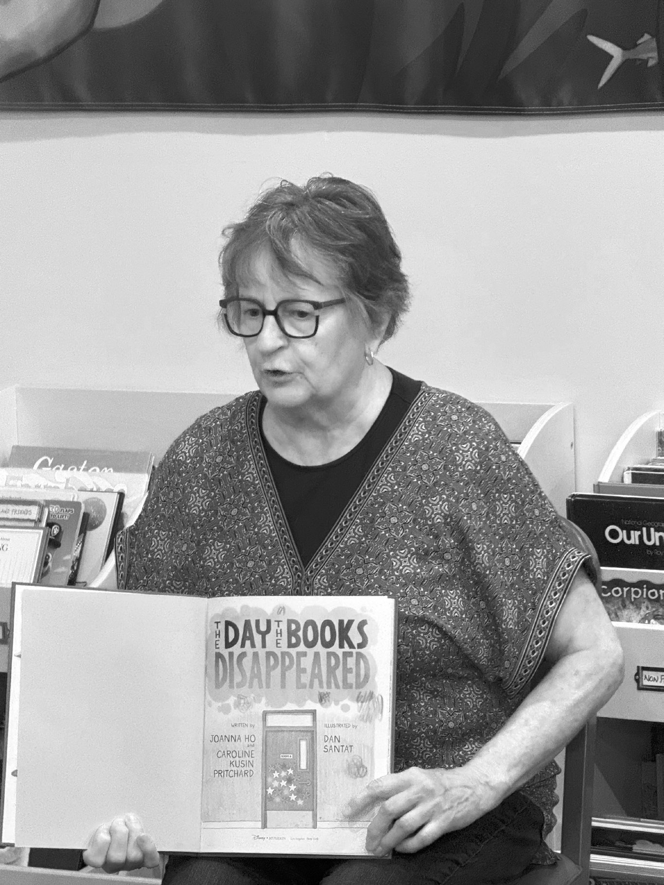 Mary Mostad reading ‘The Day the Books Disappeared’ during last week’s Story Hour.