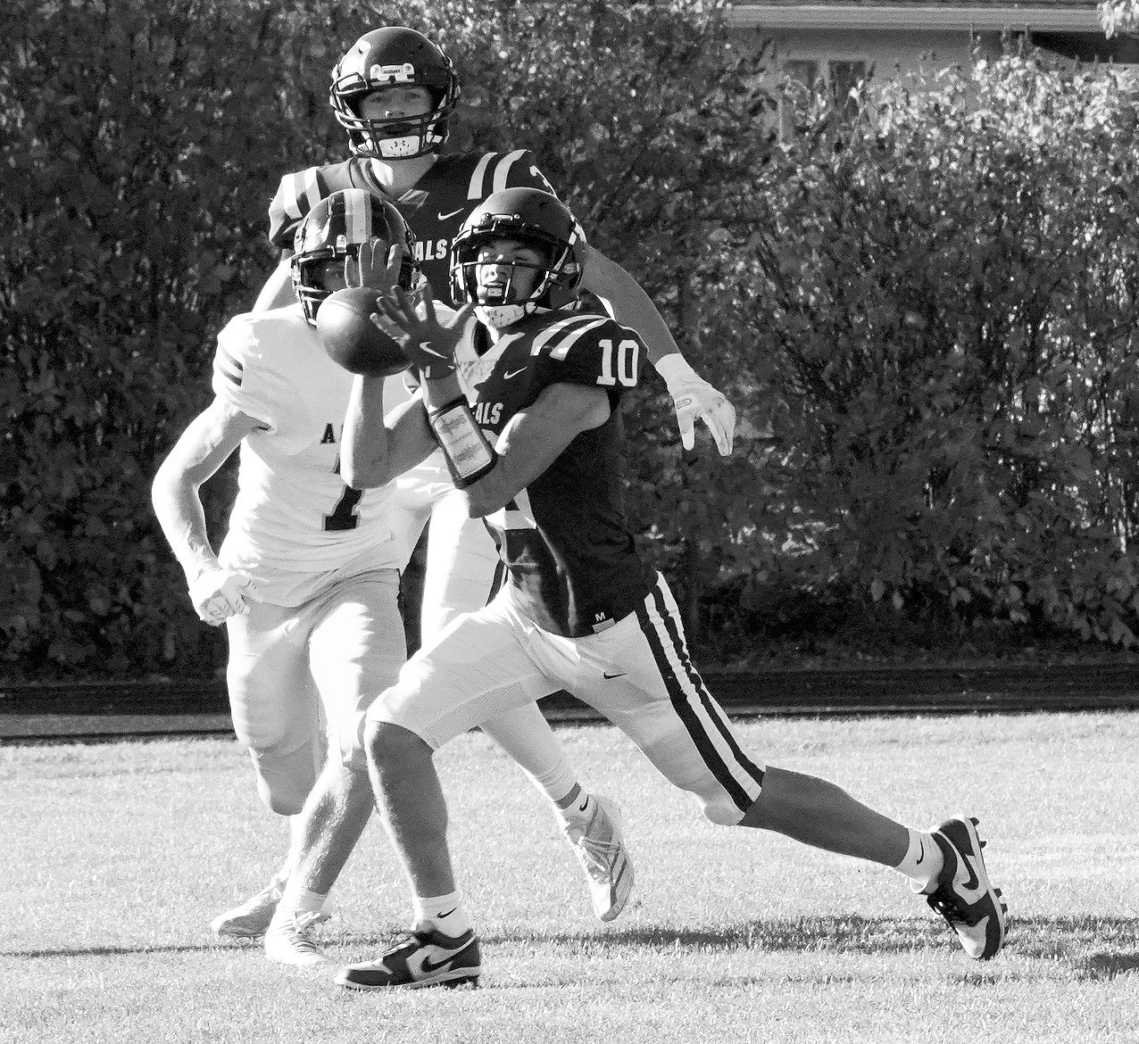 Maddux Stremick with a great interception against the Aggies. Photo by Larry Stokke.