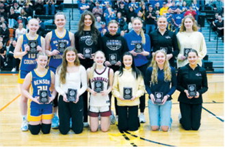 Back Row L-R: Aubrey Kenner Benson County, Lacie Fautsch Benson County, Elizabeth Fedje DVE, Kelsey Johnson Griggs/Midkota, Izzy Padilla Hatton/Northwood, Elizabeth Pinke Hatton/ Northwood, Lauren Bell Park River/Fordville-Lankin. Front Row L-R: Kaitlyn Maddock Benson County, Ava Peterson New Rockford-Sheyenne, Hilary Haaven Langdon-Area-Munich, Lily Skibicki Park River-Fordville-Lankin, Ella Pederson North Prairie, Anika Pinke Hatton/Northwood. Photo by Larry Stokke