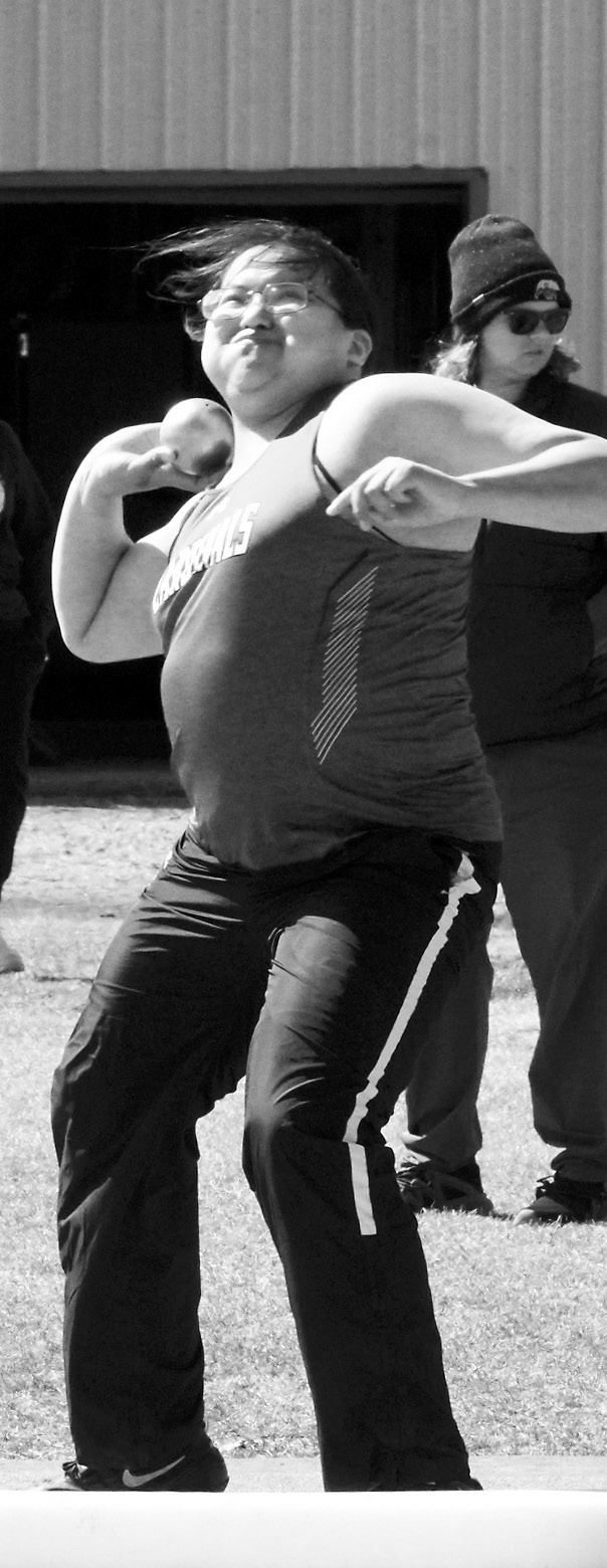 Christine Joyner placed 10th in the shot put with a throw of 31' 7' at the Grafton meet on April 15. Photo by Larry Stokke.