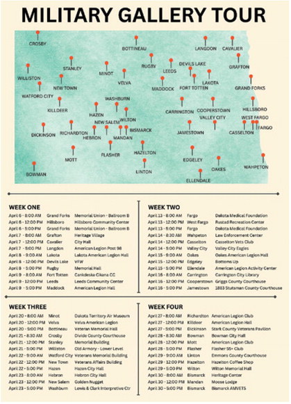 Schedule for 48-stop Military Gallery tour across North Dakota. (Provided by Dale Lennon/for the North Dakota Monitor)