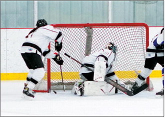 Stella Busse quickly stops the puck and pulls it away from scoring. Photo by Larry Stokke.